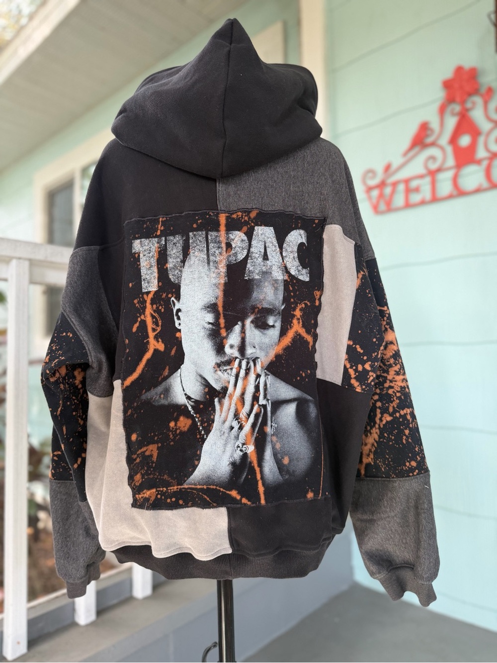 Upcycled Patchwork Tupac Graphic Hoodie - gray and black with bleach splatter